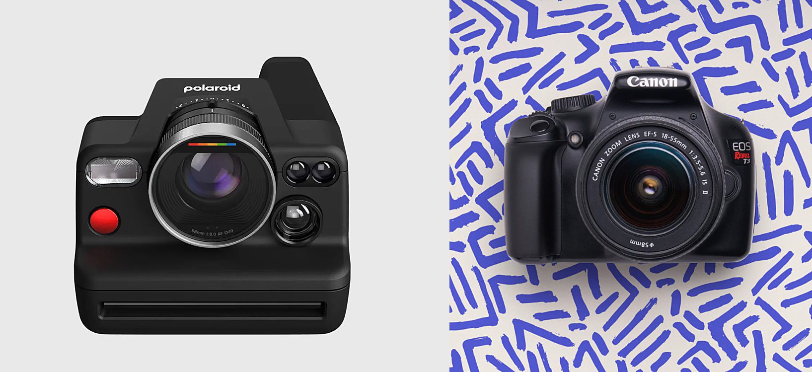 Pictures of a pro-grade polaroid camera and the Canon Rebel camera.