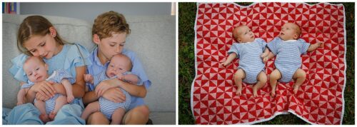 A picture of a big sister and brother holding twin 3-month-old babies as they kiss them on the head as they sit in their New Orleans home.