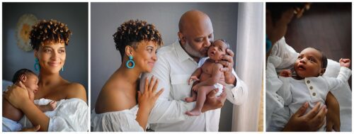 Three pictures of a mom, dad and newborn session wearing white in their living room for a newborn session in New Orleans.