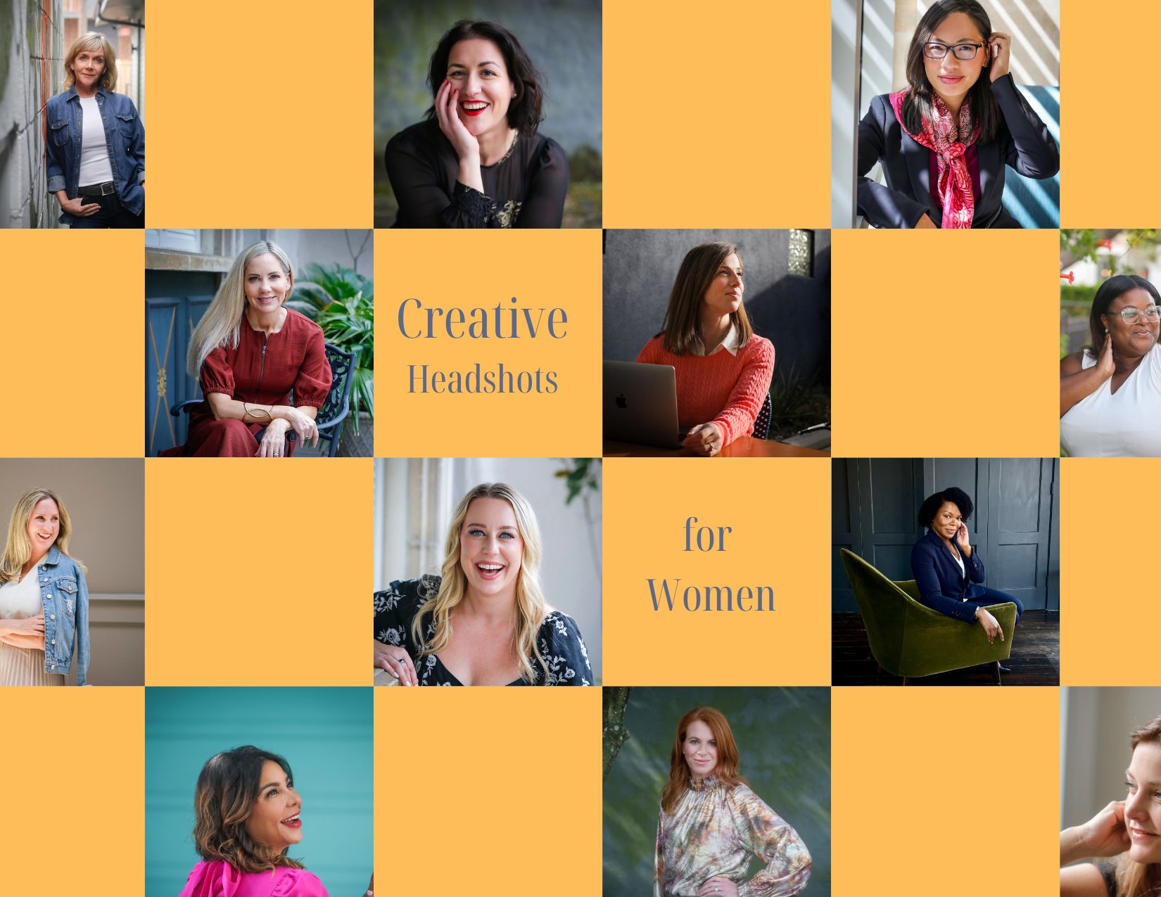 Several women posing for a camera in urban and office settings for a story about why creative headshots for women are essential.