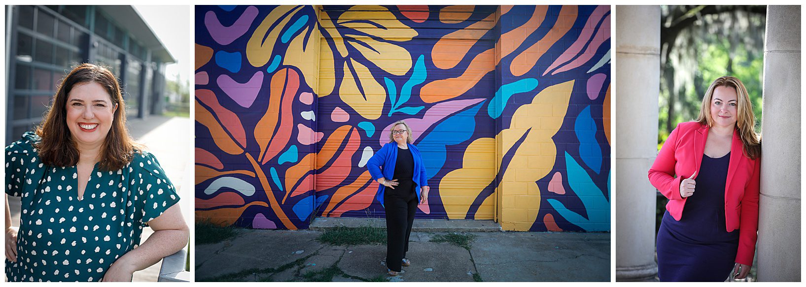 Three portraits of women in business standing in front of brightly covered buildings for a photographer taking their headshot.