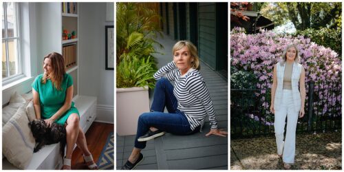 three women posing for a photographer in modern attire in a home and a garden.