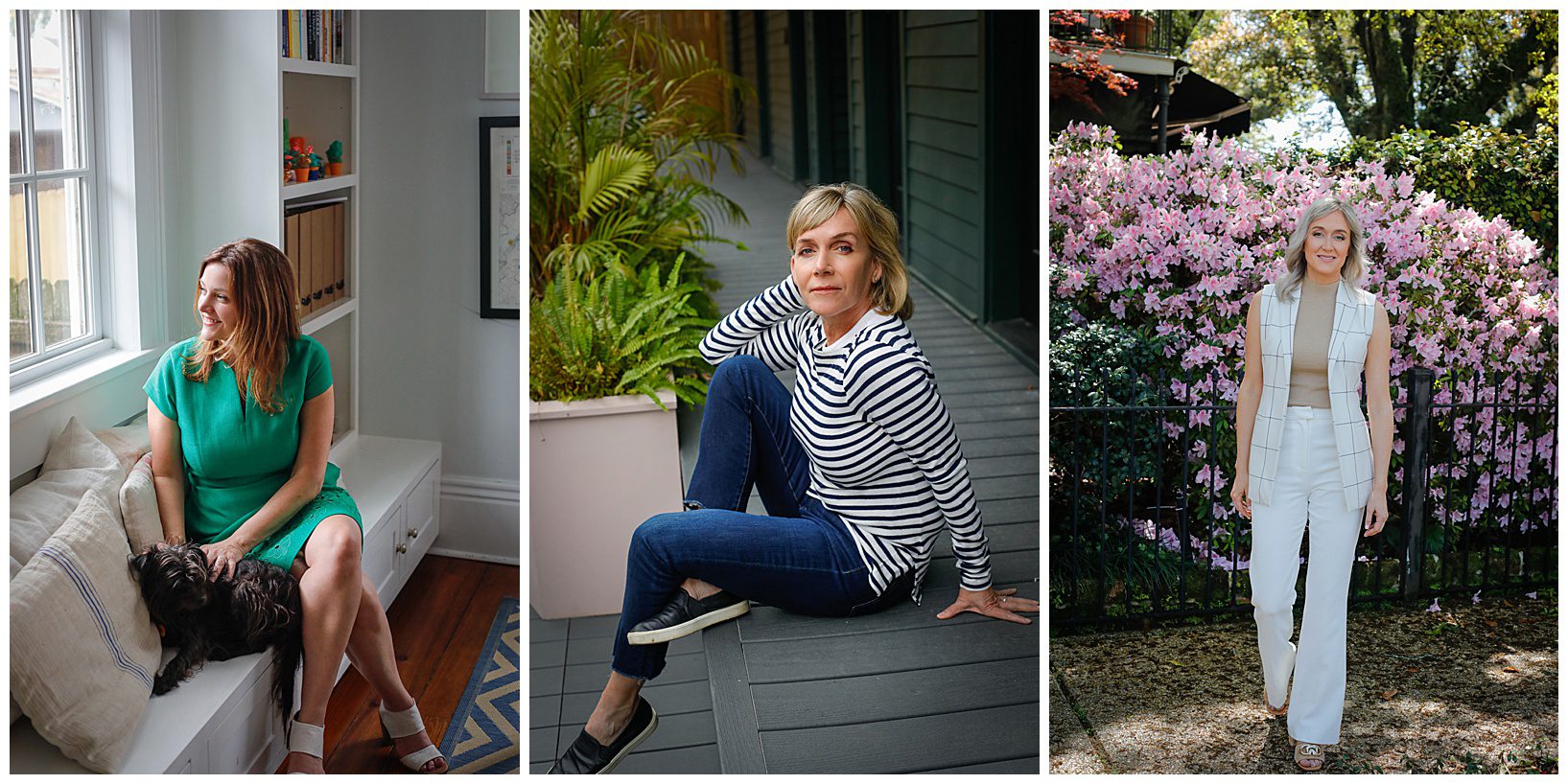 three women posing for a photographer in modern attire in a home and a garden.