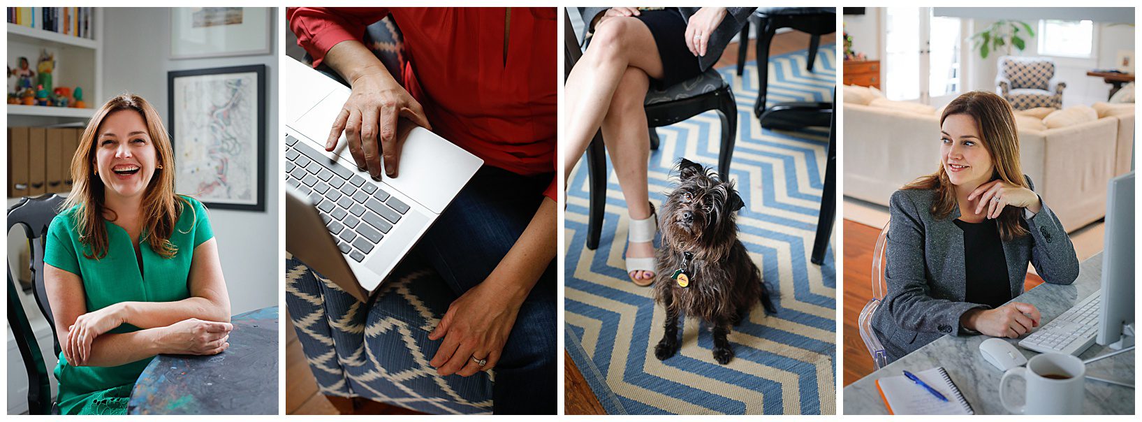 four pictures of a woman in business attire for branding photos in her office.