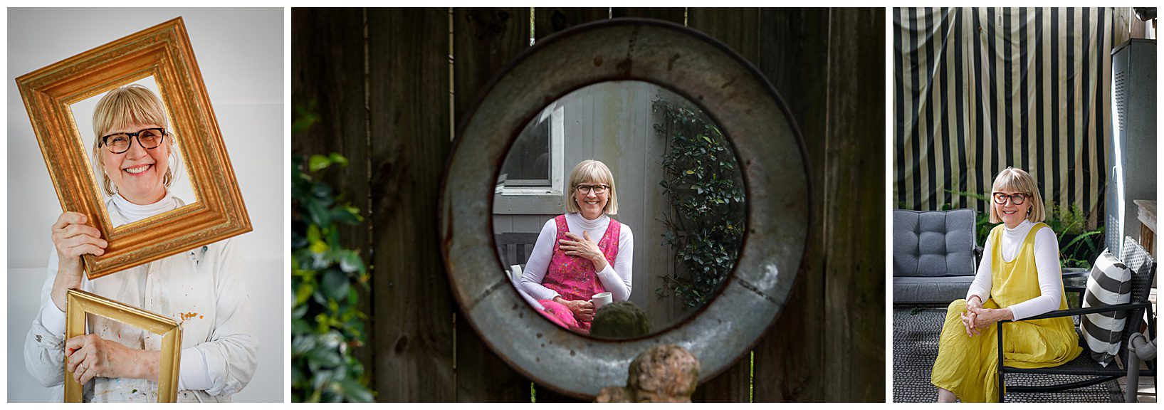 An artist sitting and standing in three photos for a creative headshot.