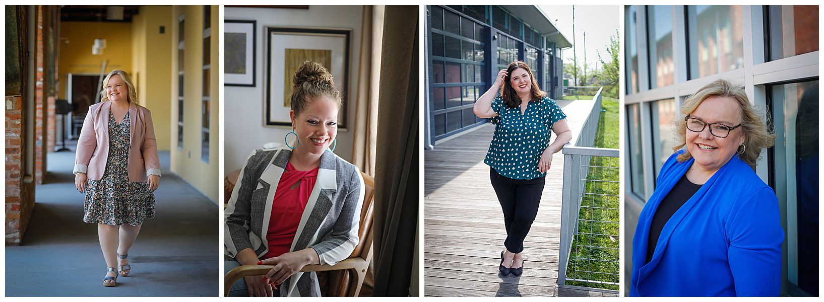 Four pictures of women standing and sitting for a photographer as they pose in an urban setting for headshots.