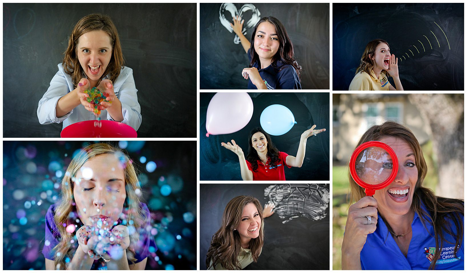 Several pictures of women who work at the Therapeutic Learning Center in playful poses around a chalkboard.