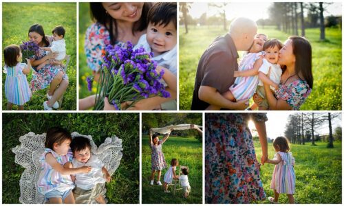 Several photos of a family in the park hugging and playing with little kids for photos.