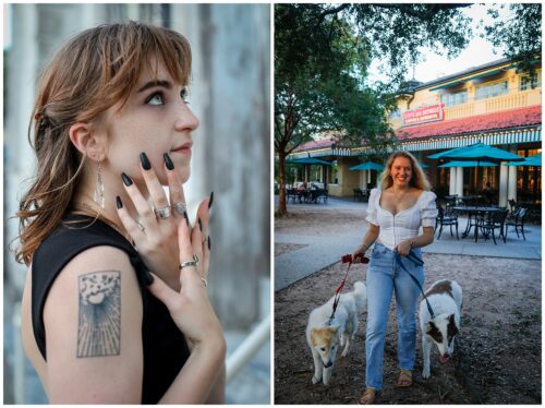 A High school graduate posing with two dogs in front of Cafe du Monde in New Orleans.