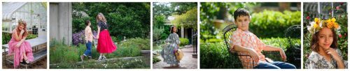 Siblings posing for spring pictures wearing bright colored outfits in a lush garden.