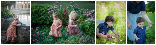 Several kids in flowers at City Park posing for pictures.