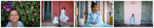 A mom and little girl wearing blue dresses posing for family portraits in the French Quarter.