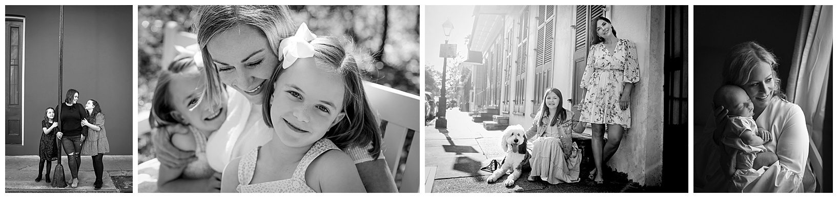 Several photos of moms with their children posing for photos in New Orleans.