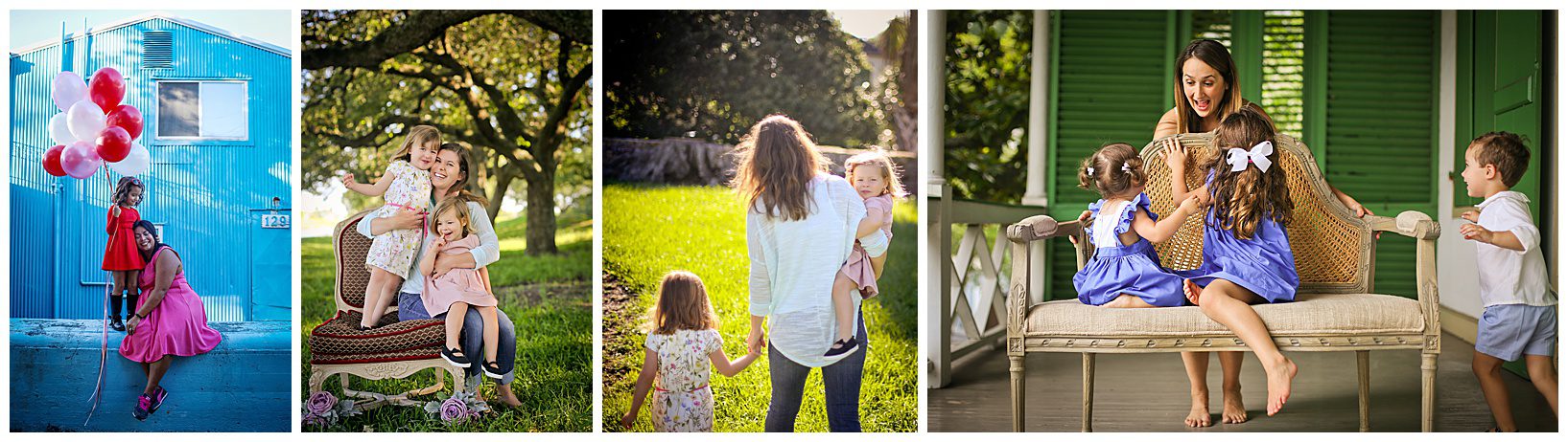 Several photos of moms with their children posing for photos in New Orleans.
