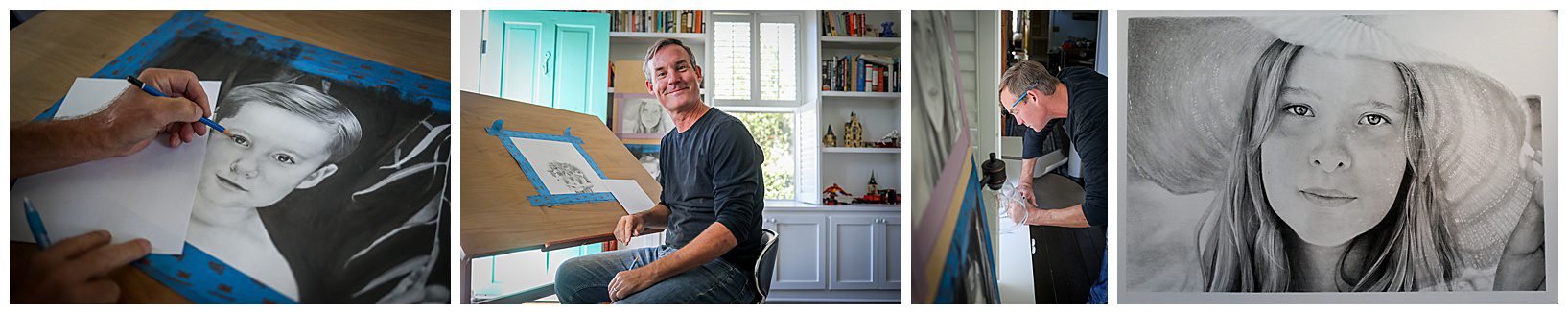 Pencil artist Rich Rainey in his New Orleans studio working on his latest child portraits.