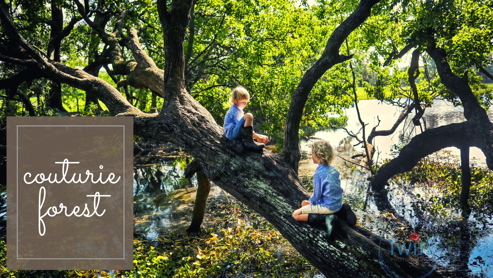 Two boys on a tree branch over water.