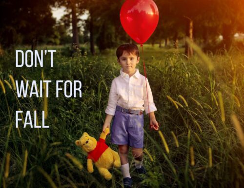 A little boy holding a stuffed Winnie the Pooh and a red balloon in a field for a story about New Orleans Fall Family Portraits