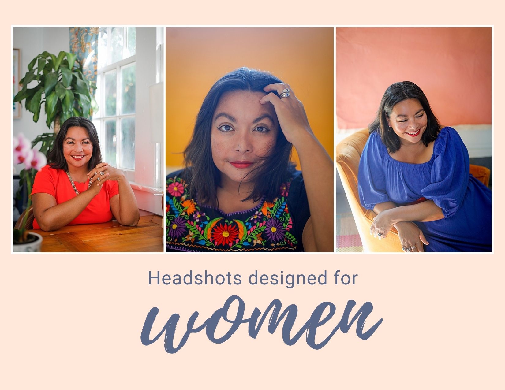 Three pictures of a woman posing for a professional portrait in a studio setting for a story about headshots for women in New Orleans.
