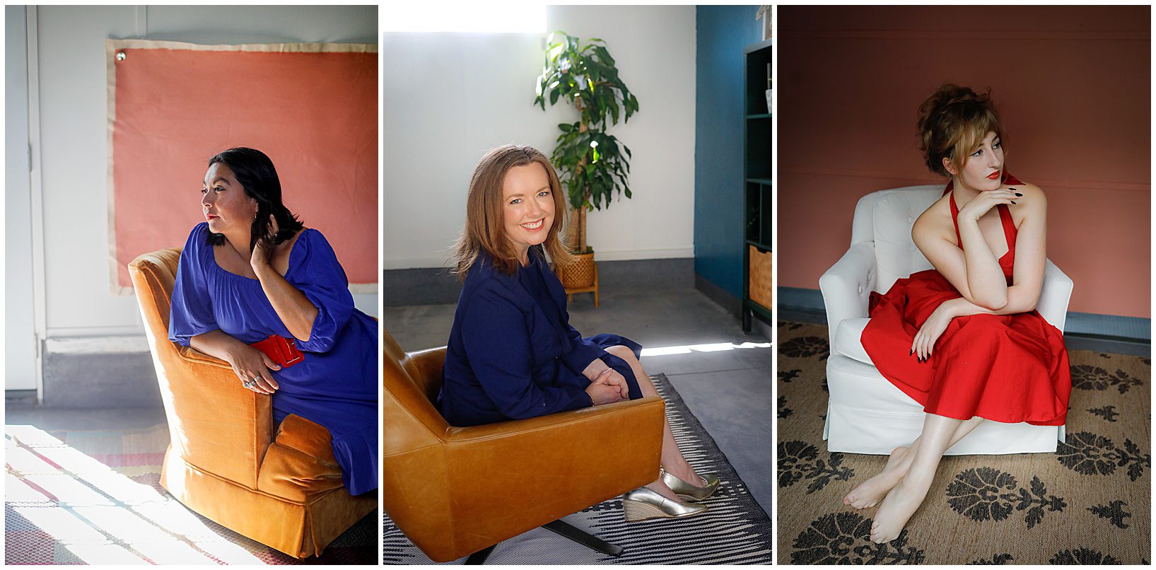 Three women posing for a portrait while sitting in a chair for headshots for women in New Orleans.