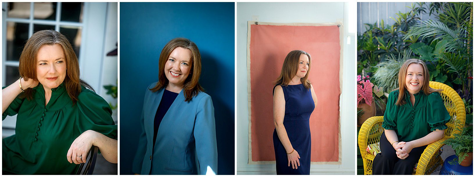 Four photos of a professional woman posing for a headshot in a garden setting and in a studio.