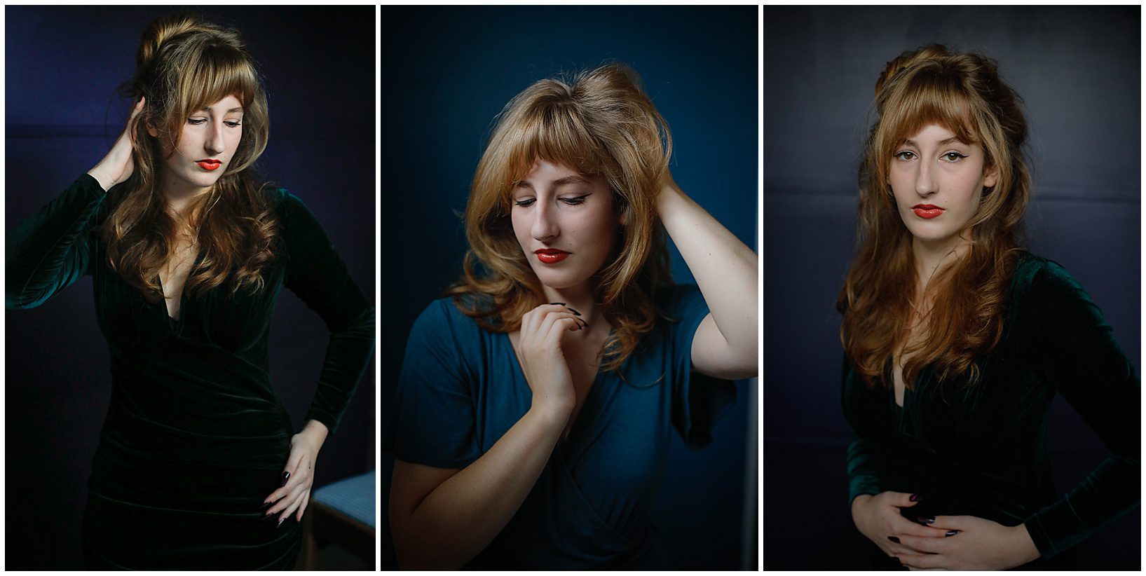 A woman with long hair posing against a dark backdrop for headshots for women in New Orleans.
