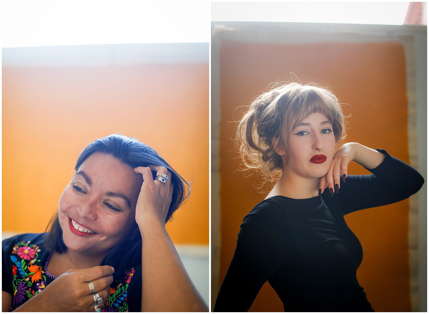 Two women posing for a professional headshot in a studio in front of a brightly colored backdrop for a story about headshots for women in New Orleans.
