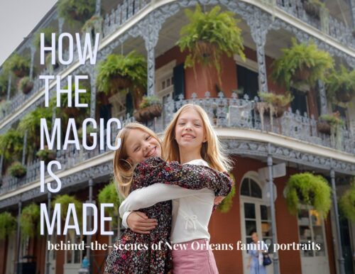 Two sisters hugging each other and looking at a New Orleans photographer in the French Quarter.
