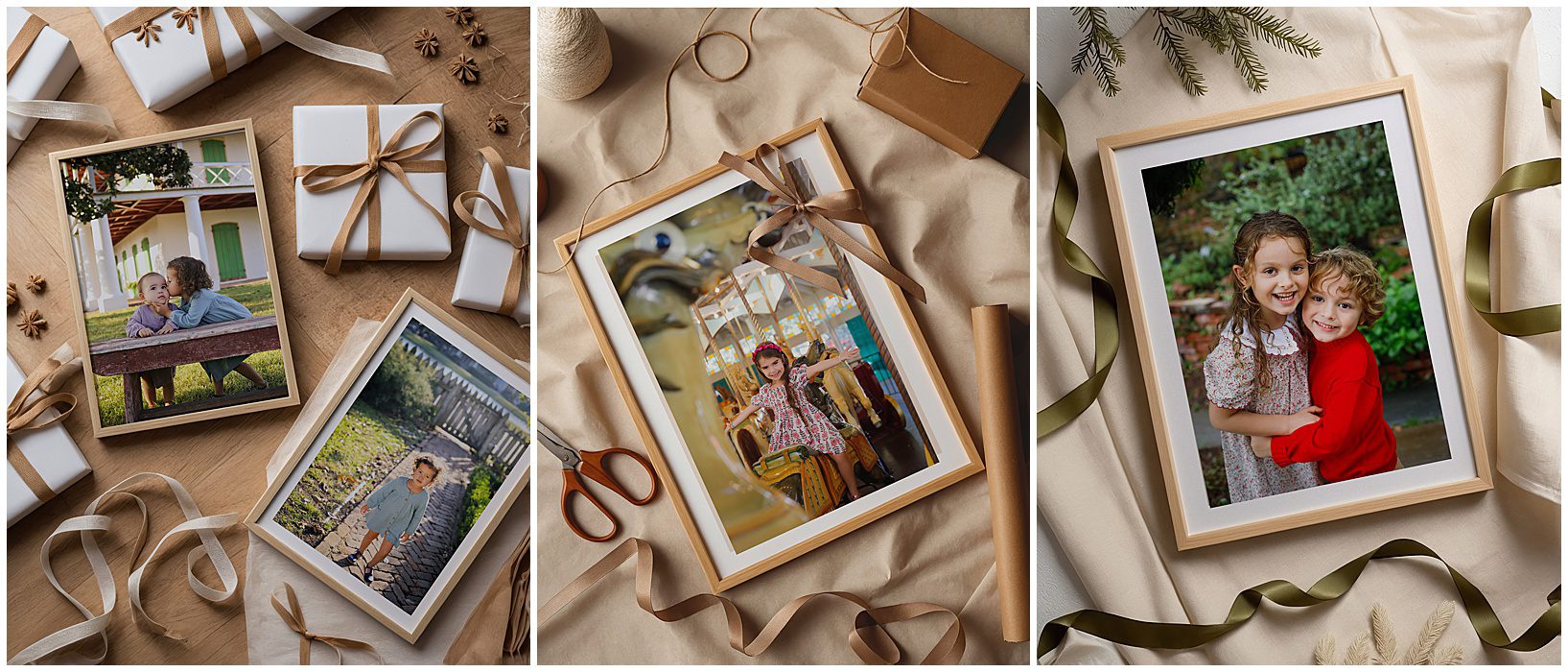 framed family portraits with ribbons and wrapping paper around them for a story about the Best Photo Gifts for Grandparents.