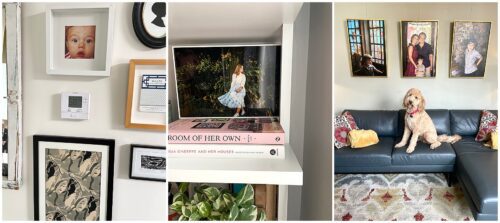 Several framed family photos.