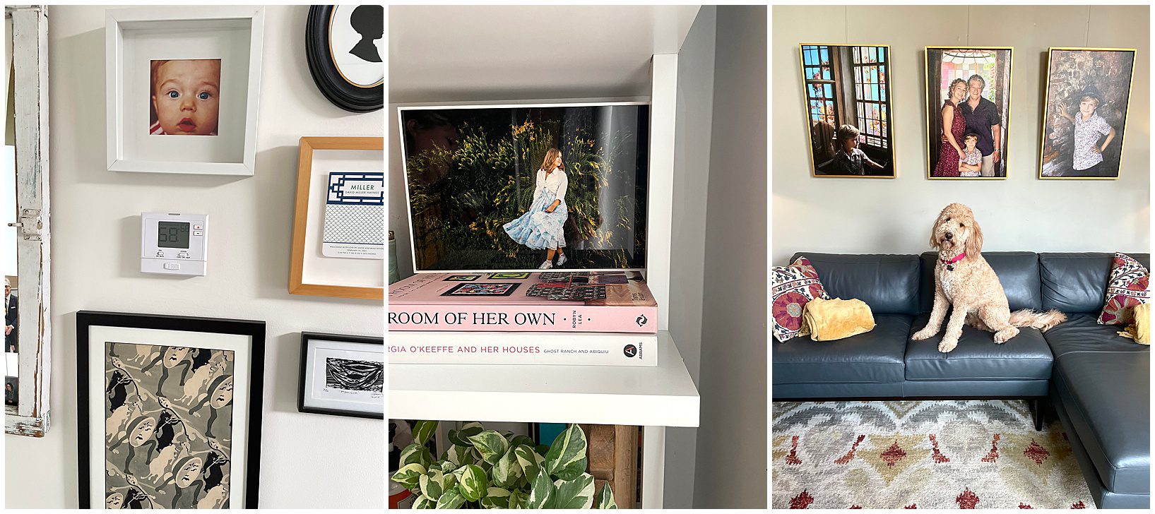 Several framed family photos.