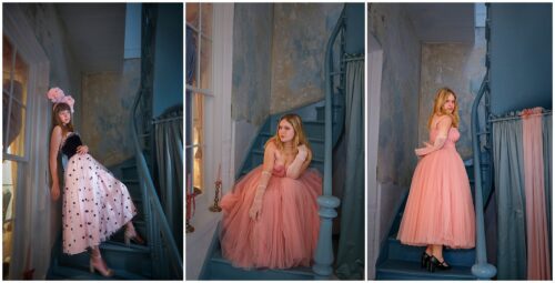Three pictures of high school seniors in pink dresses standing in a blue stairway in New Orleans.