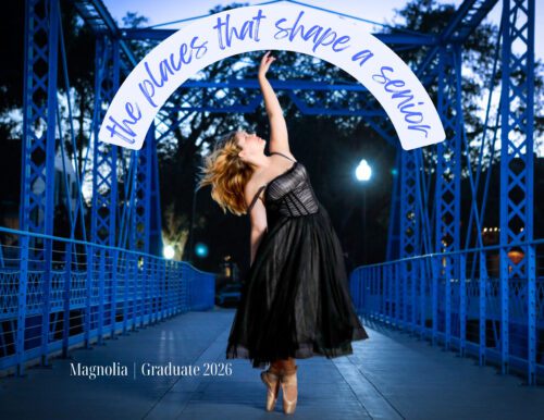A high school graduate on pointe shoes dancing in a black dress on a blue bridge for a story about my daughters senior photos in New Orleans and the locations that shaped her