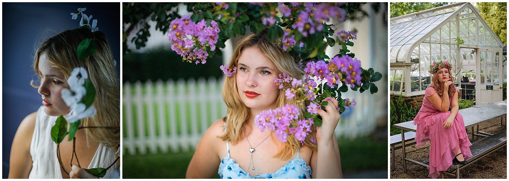 Three pictures of a high school graduate surrounded by flowers.
