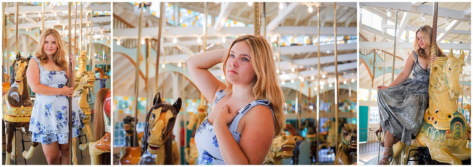 A high school senior girl standing on a carousel for senior pictures.