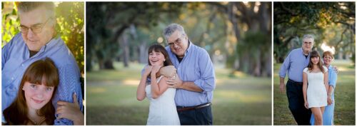 A dad and mom hugging their graduate senior during senior pictures.