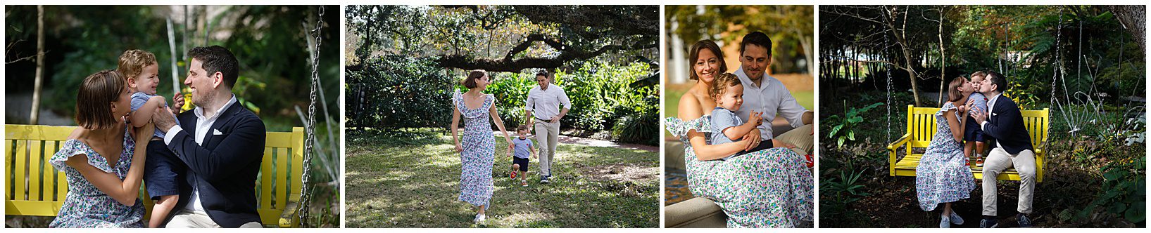 Several picture of a family running and playing at the New Orleans Botanical Garden wearing spring clothing for photos. 