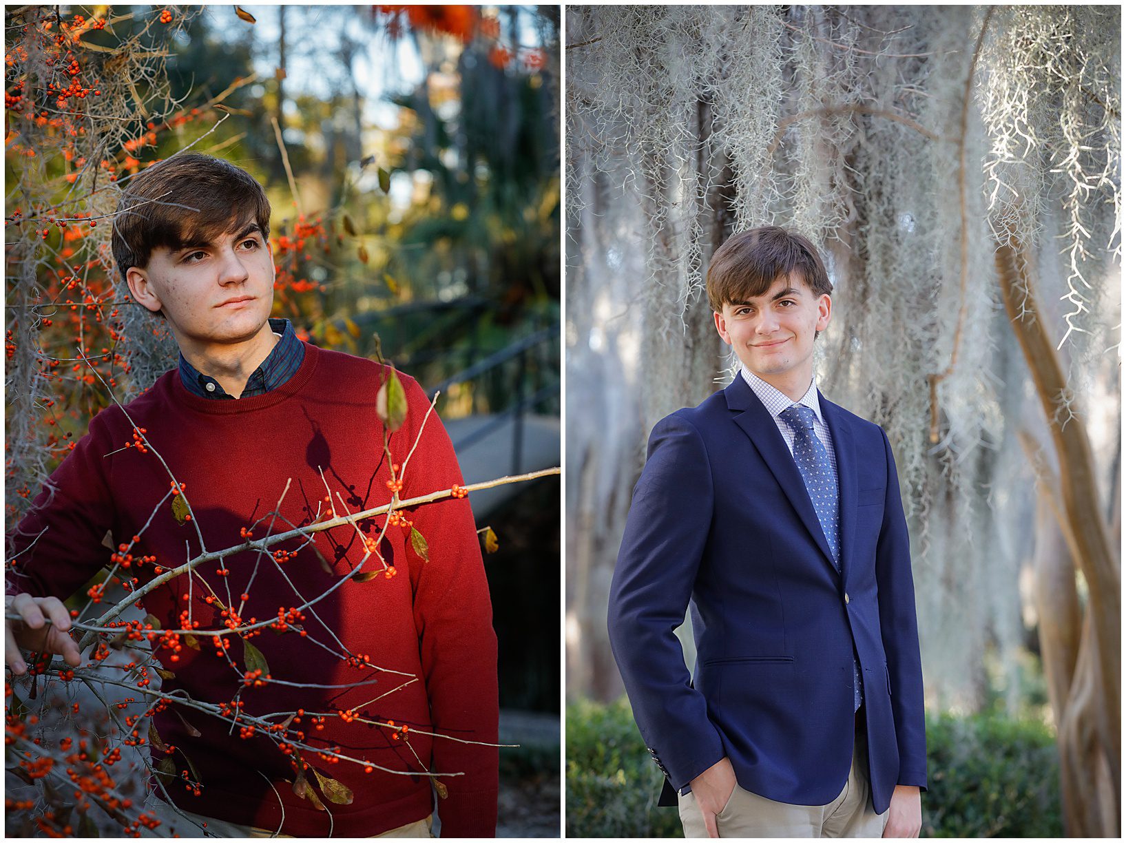 A high school graduate boy posing by a tree filled with Spanish moss for a senior portrait.