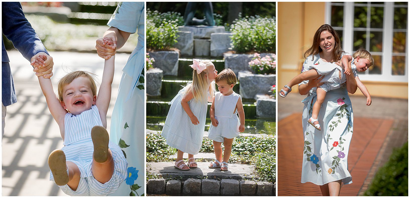 three photos of a little boy and his sister playing in a garden.