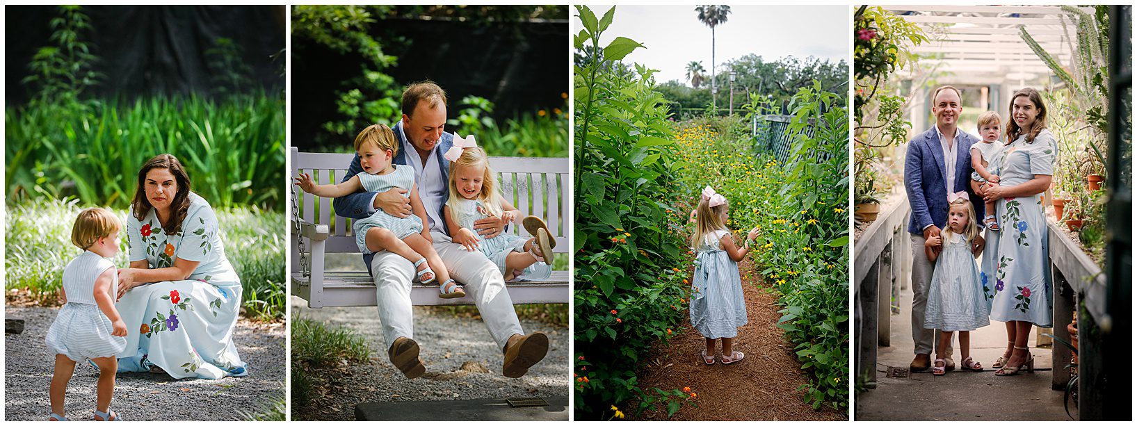 Several pictures of a family with a small boy and girl in the botanical gardens posing for pictures.