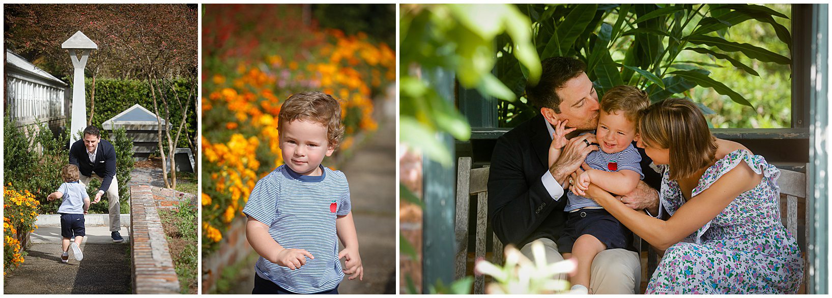 A little toddler boy running around a garden for a story about New Orleans botanical garden photo spots.