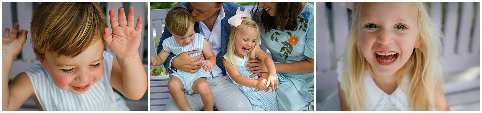 Three close up pictures of siblings posing for spring pictures.