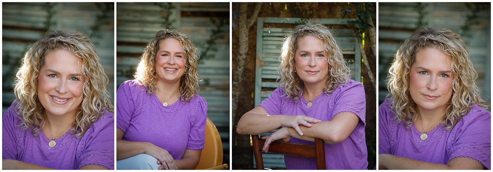 A blond woman wearing a purple shirt in a garden with green shutters behind her posing for a headshot in New Orleans.