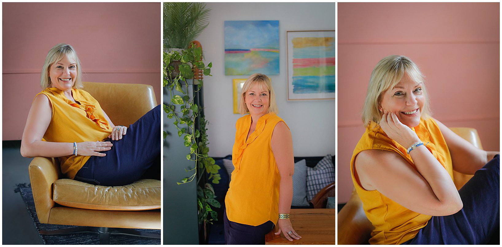 Three headshot photos of a woman wearing a yellow top looking at the camera in a studio with a pink backdrop.