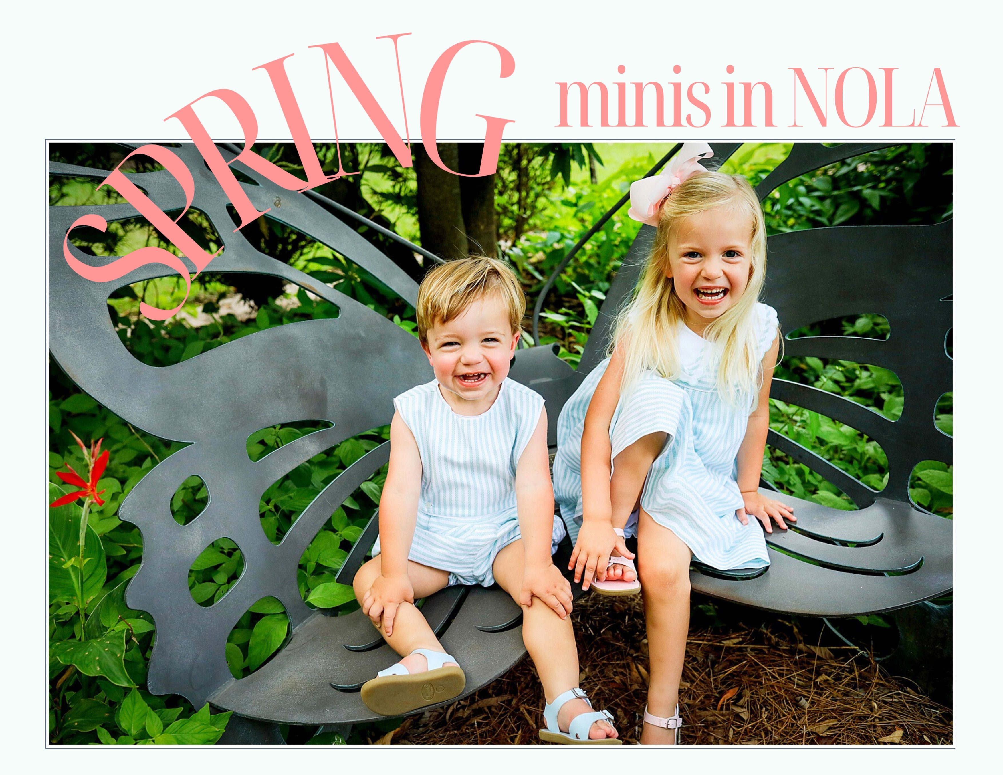 spring mini photos in New Orleans story with a picture of two little kids posing on a chair that is shaped like a butterfly.