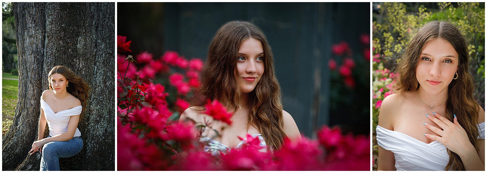 Several pictures of a high school senior in City Park for senior portraits wearing a white shirt and surrounded by pink flowers.