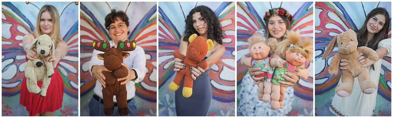 Several pictures of high school seniors holding their childhood stuff animal.