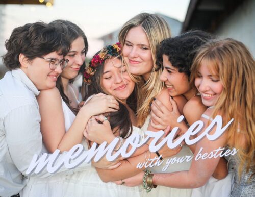 A group of high school senior friends hugging for a story about why senior friend mini sessions are the best