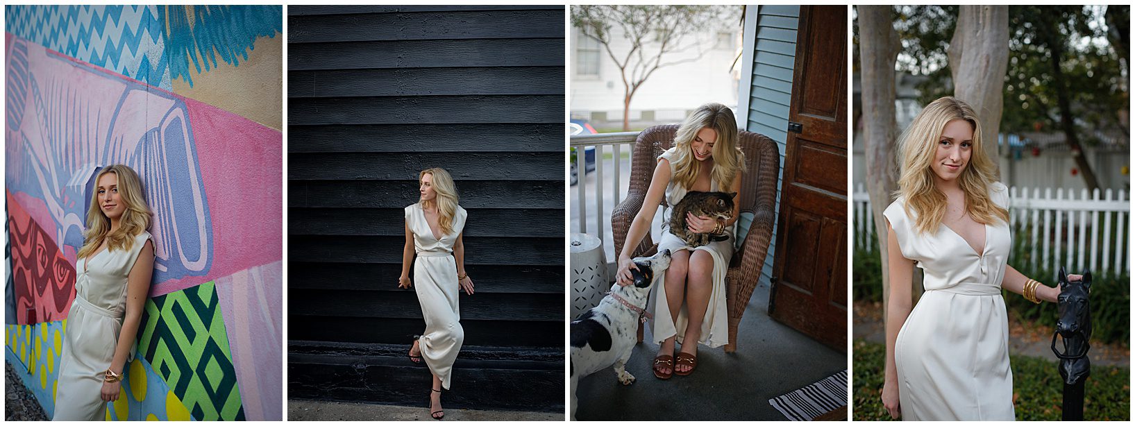 A high school senior wearing a white dress photographed around her New Orleans neighborhood.
