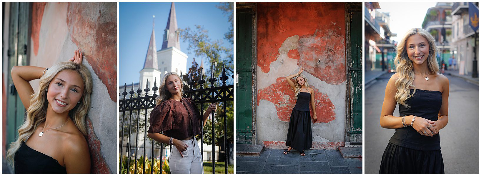 A high school senior poses for photos in the French Quarter.