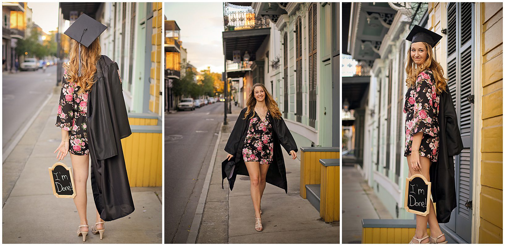 a senior photo of a girl wearing a short jumper and her cap and gown in the French Quarter for photos.